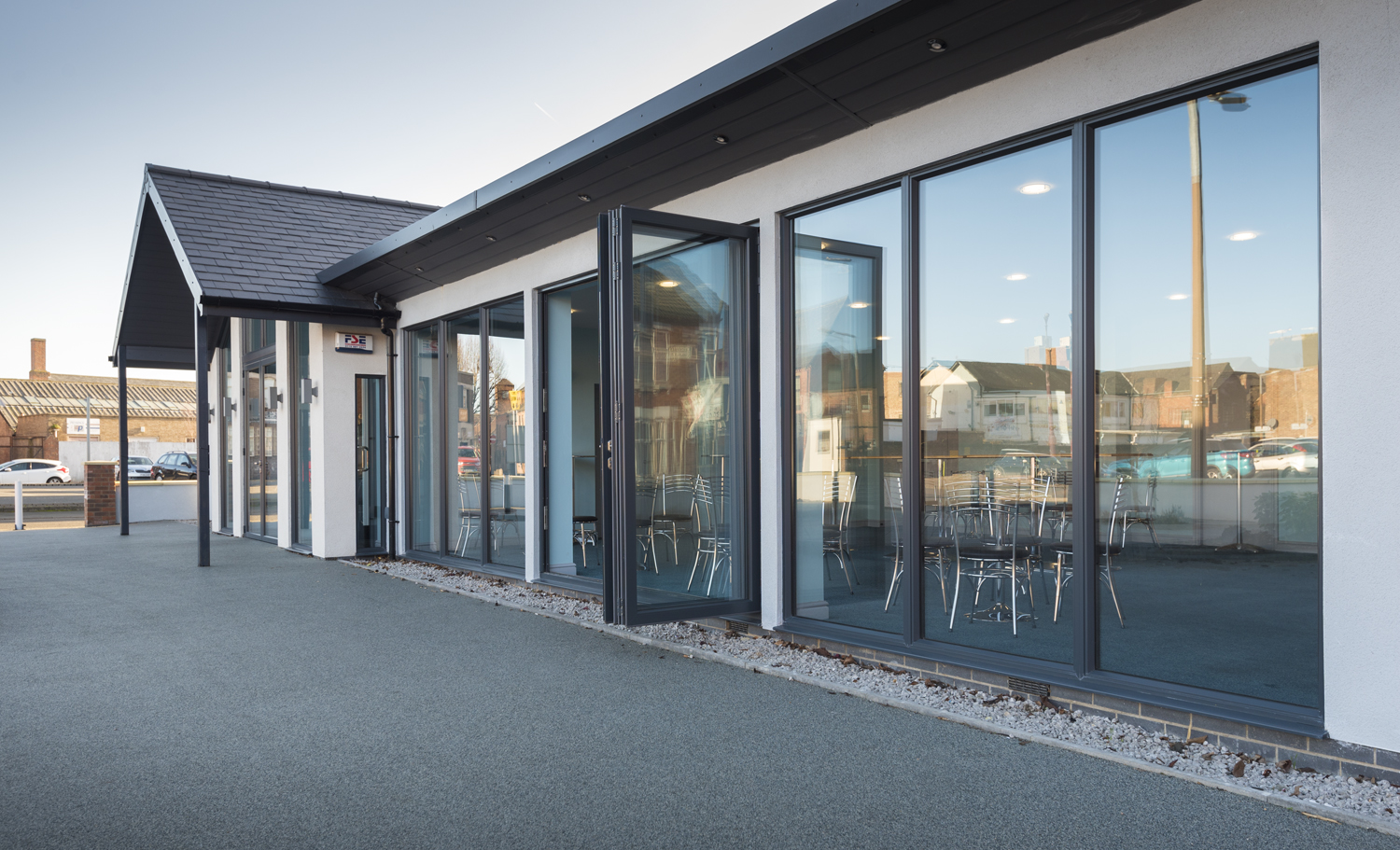 Side of the front of the theatre with open bifolds