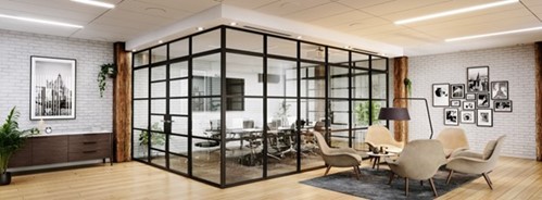 Sleek and stylish aluminium and glass partitions used in a corner configuration to create a flexible working zone that utilises the surrounding light. 